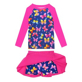 Girls Swimsuit Size 7-8 Years Old Kids Rose Butterfly Long Sleeve Bathing Suit Sets with Shorts Sun Protection