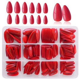 LoveOurHome 240pc Almond Press on Nails Medium Fake Nail Red Glue on Nails Tips Full Cover Acrylic Nails Press ons Nail Almond False Nail Artificial Fingernail with Adhesive Tabs for Women Girls