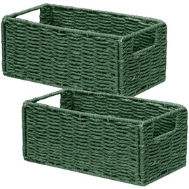 Vagusicc Wicker Storage Basket, Set of 2 Hand-Woven Paper Rope Wicker Basket, Small Storage Baskets for Organizing Toilet Paper, Foldable Small Cube Organizer Bins for Shelves and Bathroom (Green)