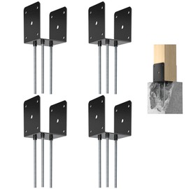FMhotu 4x4 Concrete Post Anchor (4PCS), U Shape Fence Post Holder, Pergola Bracket Deck Post Base Holder Ground Spike for Concrete, Decking Post Brackets with 3 Anchor Rods，Black