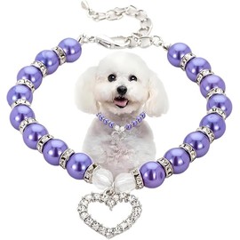 Diamond Dog Pearls Necklace, Fancy Cat Wedding Collar Jewelry for Small Dogs Puppy Girl's Pet Collar Bling Rhinestones Heart Pendants Birthday Gift (Purple, S(Neck for 7.9-9.8"))