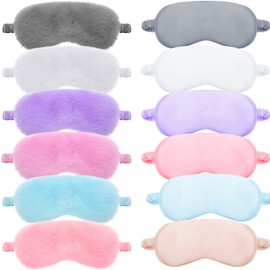 Geyoga 12 Pcs Sleeping Mask Bulk, 6 Plush Sleep Masks and 6 Silk Eye Covers, Sleepover Party Supplies Sleeping Masks for Women Birthday Party Favors (Light Color)