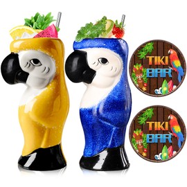 SuproBarware Tiki Mugs Set of 2 - Large Parrot Cocktail Tiki Glasses Hawaiian Party Cute Exotic Cocktail Glasses Hawaiian Ceramic Mug