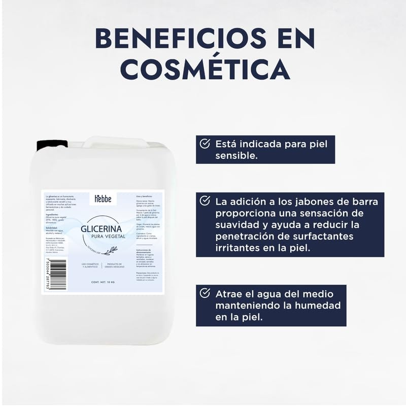 Hebbe - Glicerina Vegetal Pura, Hidratante y Emoliente para Cosméticos,