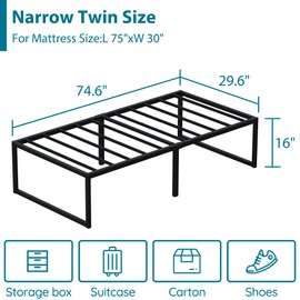 EMODA 16 Inch Narrow Twin Bed Frame 30x75, Heavy Duty Metal Platform