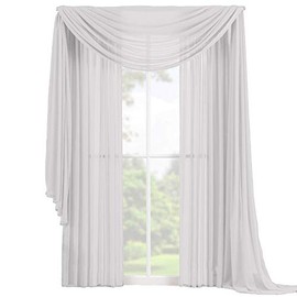 Decotex 3 Piece Elegant Sheer Voile Window Curtain Panel Drape Set Includes 2 Panels and 1 Matching Scarf (95" Length, White)