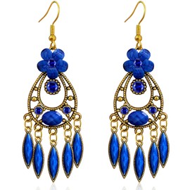 JIMARIN Handmade Bohemian Dainty Acrylic Crystal Chandelier Flower Dangle Drop Earrings Lightweight Aesthetic Floral Leaf Alloy Hook Earrings for Women (Dark Blue)