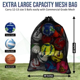 VIZARI Soccer Ball Bag - Sports Equipment Bag, Mesh Ball Bag, Beach Bag or Snorkel Gear Bag with Shoulder Strap - Extra Large 30 Inches X 40 Inches Commercial Grade Mesh - Perfect for Equipment Storage, Soccer Balls, Scuba Gear, Beach Toys, Basketball Ba