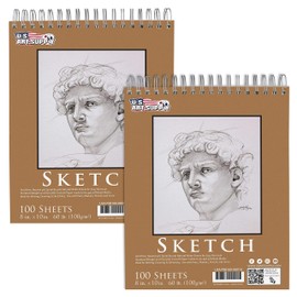 U.S. Art Supply 08" x 10" Premium Spiral Bound Sketch Pad, Pad of 100-Sheets, 60 Pound (100gsm) (Pack of 2 Pads)