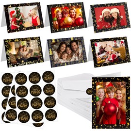 Zhanmai 570 Pcs Christmas Photo Frame Greetings Cards with Envelopes and Stickers, Christmas Photo Sleeve 6 Styles Black and Gold Xmas Greeting Cards with Photo Insert for 4'' x 6'' Photos
