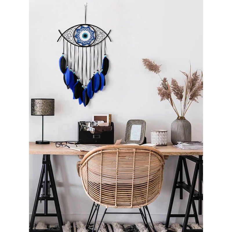JZK Evil Eye black dream catcher, blue feather dream catcher