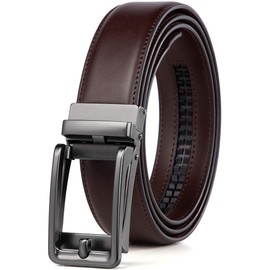 Founders & C Men's Leather Ratchet Comfort Click Belt Dress with Slide Buckle -Adjustable Trim to Fit (28"-42" Waist Adjustable, Matted Gun Buckle W Brown Leather)