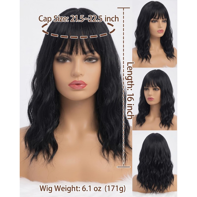 Medium Length Black Wig for Women with Bangs Wavy Hair