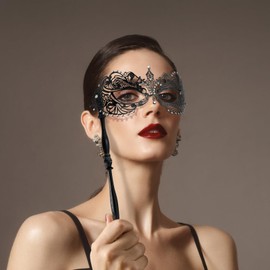 Thmyo Couple Masquerade Masks Set with Holding Stick, Venetian Handheld Party Mask for Women and Men Party Costumes Accessory