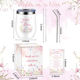 6 Set Baby Shower Gifts for Game Prizes 12 oz Insulated Stainless Steel Tumbler Cup with Lids,Straws,Cleaning Brush,Cards & Gift Boxes Return Gifts for Guests Wedding Favors(Pink,Wildflowers)
