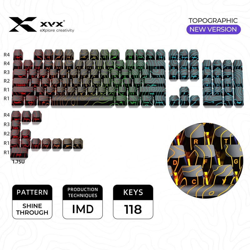 XVX Topographic PBT Keycaps, Shine Through Key caps, Double Shot