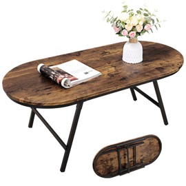 FEUFOAM Folding Coffee Table for Living Room Industrial Brown Small Low Table Wooden Foldable Coffee Tables Oval Floor Desk Table for Small Spaces Home Office