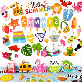 Qpout 81pcs Hello Summer Bulletin Board Decoration Set,Summertime Pool Beach Hawaiian Theme Cutouts for Summertime Tropical Theme School Classroom Office Home Decor Teacher Supplies