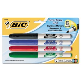 BIC Products - BIC - Great Erase Grip Dry Erase Whiteboard Markers, Fine Point, Assorted, 4/Set - Sold As 1 Set - Better writing comfort thanks to the rubberized grip. - Use on whiteboards, glass and most nonporous surfaces. - Fine tip for precise marking. - Easily erases with a dry cloth or felt eraser. - Supple pocket clip.