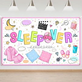 Mocsicka Sleepover Party Bakcdrop Banner Pajamas Pillow Fight Pink Girl Party Decorations Sleepover Slumber Party Banner Photography Background
