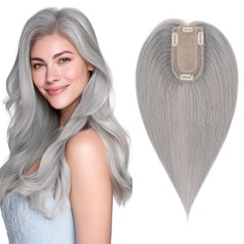 SEGO Hair Topper for Women, No Bangs Real Human Hair Topper with Anti-Slip Clips (8 Inches #Grey)