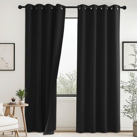 PONY DANCE 100% Blackout Curtains, Thick Double Layer Light Blocking Drapes, Thermal Insulated Noise Reducing Curtains for Bedroom Living Room with Black Liner, 52 x 95 Inch,Jet-Black