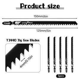 5 Pcs T344D T-Shank Jigsaw Blades 6 Inch Long Jig Saw Blades Multi Purpose High Carbon Steel Jigsaw Blade Metal and Plastic Cutting Tool for Quick Cutting Wood Plywood Hardwood Plastic