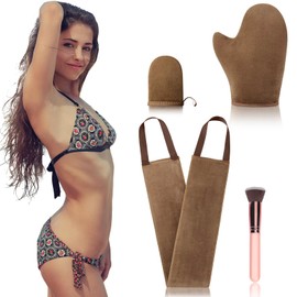 4 Pcs Self Tanner Mitt Applicator Kit - Self Tanning Mitt Glove,Self Tanner Back Applicator,Mini Face Tanner Mitt,Face Tanner Brush Soft Streak-Free Reusable & Washable for Women Girl Men (Brown)