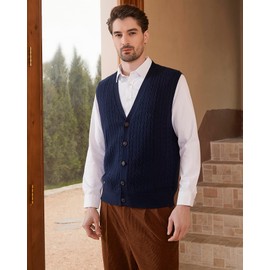 Kallspin CHAUDER Mens Relaxed Fit V Neck Fishmen Vest Cardigan Cashmere Wool Blend with Button (Navy Blue, XXL)