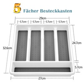 Onader Cutlery Tray for Drawers, Plastic Cutlery Tray with 5 Compartments, Drawer Insert, Utensil Compartment, Perfect for Kitchen Office, Soft Lining & Non-Slip Rubber Feet, White & Grey, 32.6 x 29