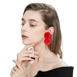 Just Follow Oversized Fabric Flower Earrings for Women Statement Boho Chic Dangle Drop Earrings for Parties Weddings or Everyday Wear (Red)