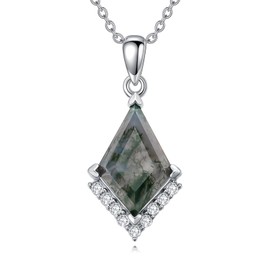 BHUBREA Moss Agate Necklace for Women 925 Sterling Silver Kite Cut Green Moss Agate Pendant Necklace with Cubic Zirconia, Jewelry Gift for Women Her