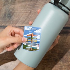 Die Cut Sticker California, Signpost, Coast Beach with Umbrellas, Vinyl Sticker 3 to 6 inches, (Waterproof Decal for Cars, Water Bottles, Laptops, Coolers), Large