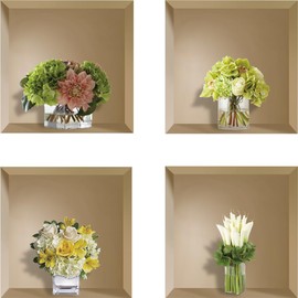 3D Vases Floral Stereo Wall Decals，Vinyl Removable Fresh Flowers Green Plants Creative Self Adhesive Wall Stickers, Magic Pictures for Bedroom Living Room Office Kitchen Decoration, Set of 4