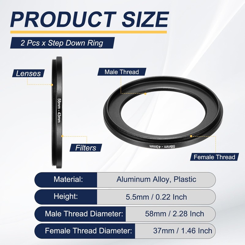 PATIKIL Step Down Ring Adapter 58mm to 43mm, 2 Pcs