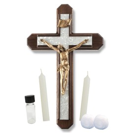 Needzo Sick Call Crucifix Set Including Two Candles, Glass Holy Water Bottle, Cotton and Full Instructions, Walnut Wood Cross with Imitation Pearl Inlay, 13 Inches