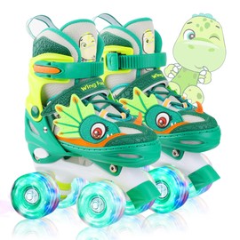 Dino Kids Toddler Roller Skates for Boys Girls,WESKIFAN Dinosaur Quad Skating Shoes with Shiny Light up Wheels&Adjustable Sizes Beginners rollerskates for Birthday Xmas Gifts (Green, XS(6-9J))