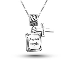 SBI Jewelry Pray More Worry Less Necklace Dangle Women Silver Cross Pendant Anniversary Family Christmas Birthday Matthew 6:34