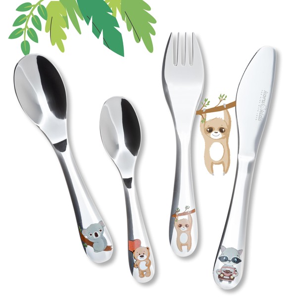 Koru Kids® Children's Cutlery Wildlife, 4-piece set, made of stainless steel, learning to eat cutlery, dishwasher safe, children's cutlery. For children aged 3 and over.