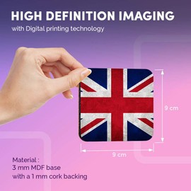 Destination Vinyl ltd Great Coasters (Set of 4) Square - Union Jack Flag GB UK England Drink Glossy Coasters/Tabletop Protection for Any Table Type #2240