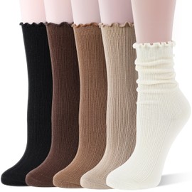 SAVALOS Women Thin Merino Wool Ruffle Boot Socks Cozy Soft Frilly Warm Winter Crew Work Gifts Socks 5 Pairs Stocking Stuffers(Light Khaki,M)