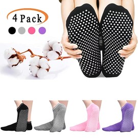 4 Pairs Non-slip Women Socks, Non Slip Cotton Yoga Socks with Rubber Dot Non-slip Socks Indoor Workout Hospital Socks for Sports, Gym, Hospital(Black, Purple, Pink, Gray)