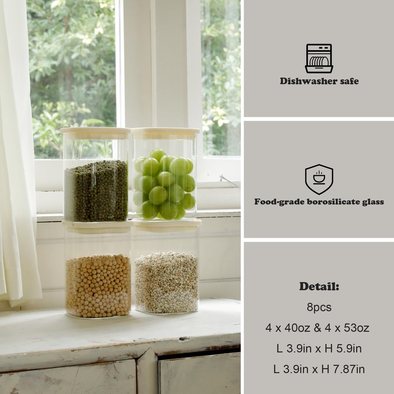 CozNido 8pcs Square Pantry Glass Jars with Clear Airtight Lids