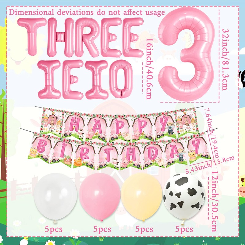 Girls Farm 3rd Birthday Decoration Three i e i o