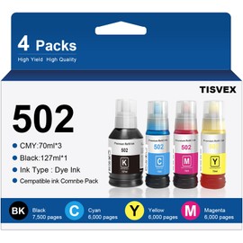 TISVEX 502 T502 Ink Refill Bottles Compatible for ET-2700 ET-2750 ET-2760 ET-2850 ET-3700 ET-3710 ET-3750 ET-3760 ET-3830 ET-3850 ET-4750 ET-4760 ET-4850 ET-15000 ST-2000 ST-3000 ST-4000(BK CMY)