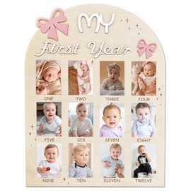 Aukolass Bow One Year of Photo Board, My First Year Photo Photo Board 12 Monthly Milestones Picture Frame for Baby Girl 1st Birthday Decorations (pink) (2" x 3")