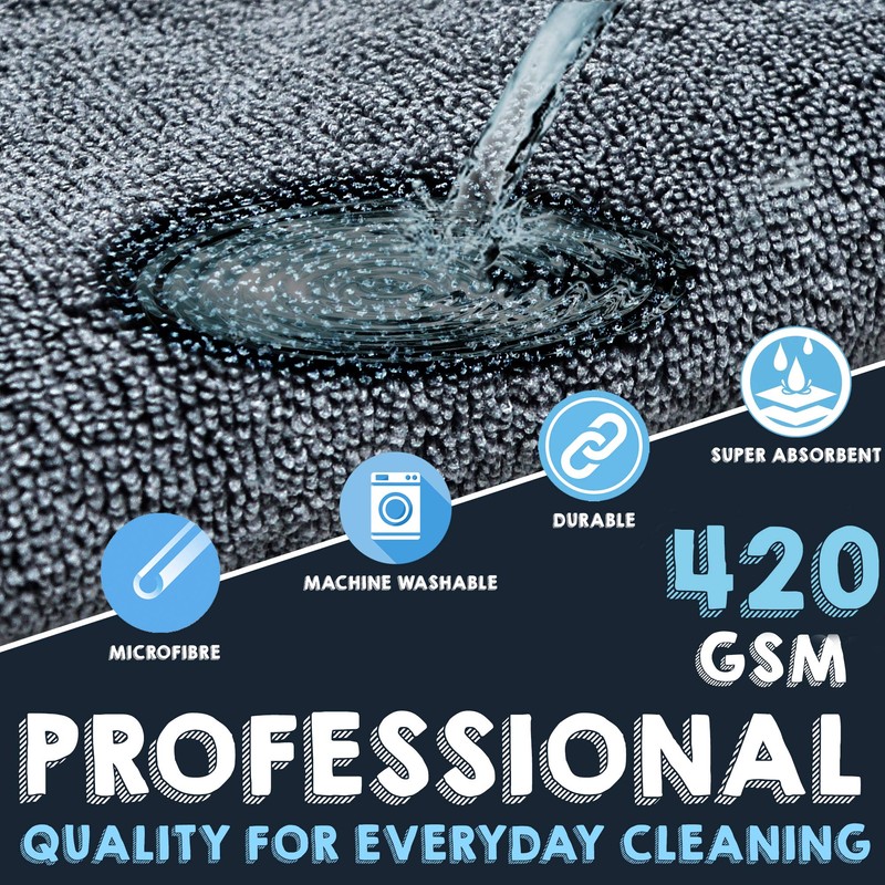 Towelogy® Microfibre Cleaning Cloths Grey 420GSM Large Thick Ultra Absorbent
