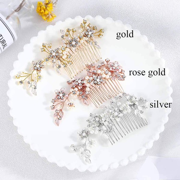 Campsis Flower Bride Wedding Hair Comb Pearl Side Comb Crystal Bridal Hair Accessories for Women and Girls (Gold)