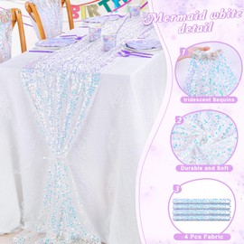 MoKoHouse White Table Runner for Mermaid Party Decoration - 4 Pcs Iridescent Sequin Table Runner 12 x 72 Inch Glitter Fabric for Mermaid Birthday Ocean Themed