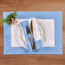 Solino Home Linen Cloth Placemats Set of 4-100% Pure Linen Cornflower Blue and White Placemats 14 x 19 Inch for Summer - Contempo, Handcrafted and Machine Washable